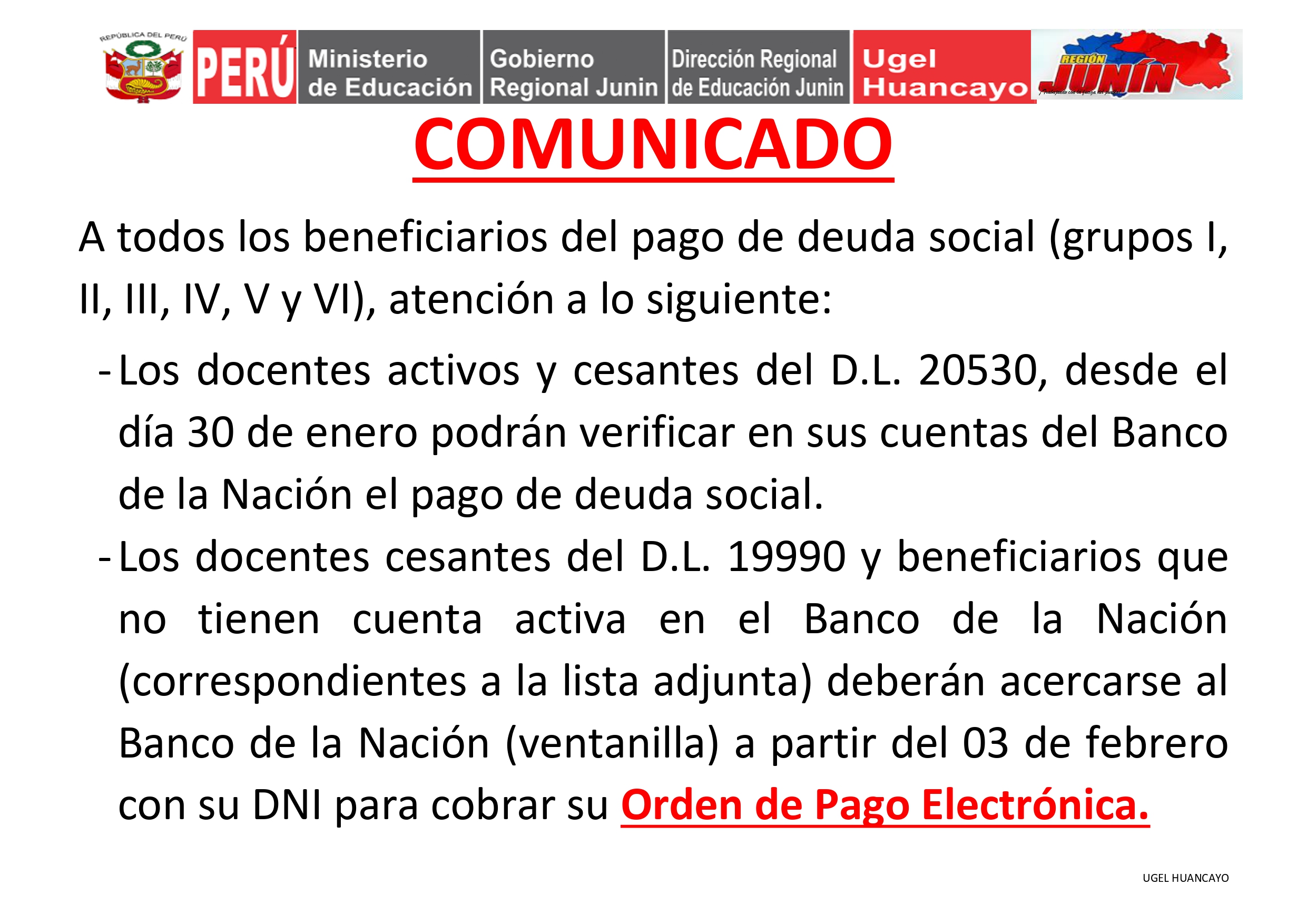 COMUNICADO IMPORTANTE PAGO DE DEUDA SOCIAL UGEL Huancayo